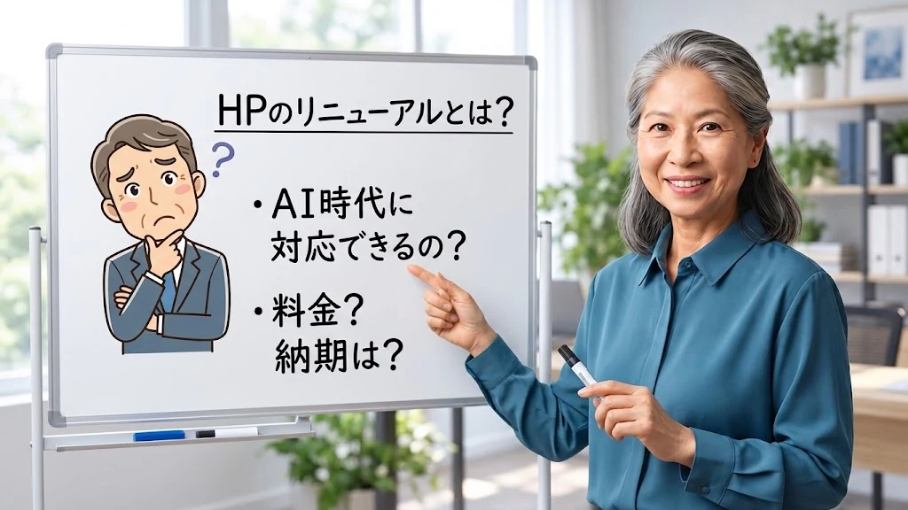 ホームページのリニューアル、AI時代への対応、料金や納期の疑問をホワイトボードで説明するイメージ